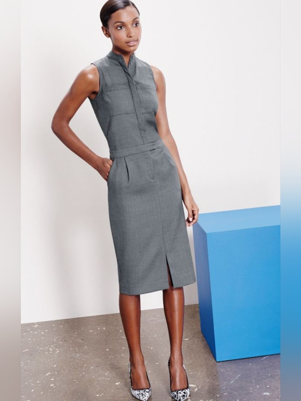 J. Crew Dress, Size 4, Wool, Midi Shift, Grey Minimalist, Front Pockets